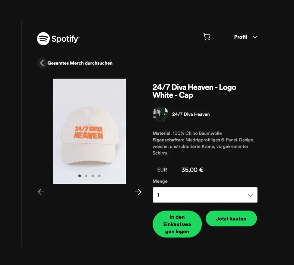Screenshot of a purchase process through integration with Spotify