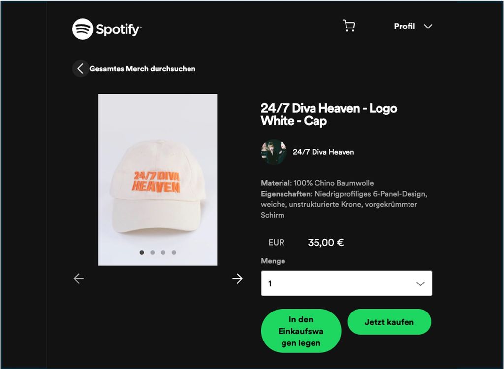 Screenshot of a purchasing process for merchandise through integration in Spotify